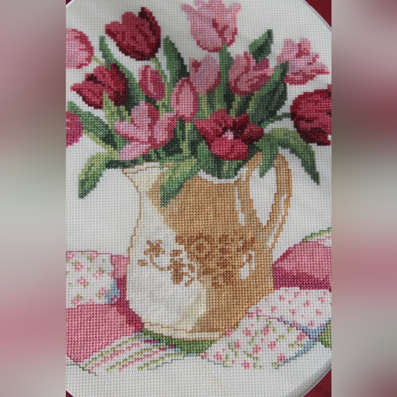 Vintage Spring Floral Cross-Stitch Art in Gold Frame - Picture 4 of 10